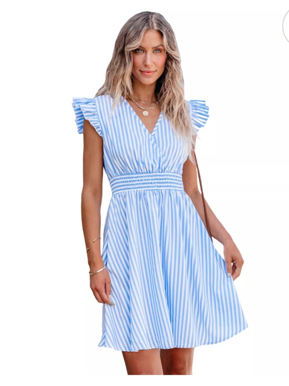Cupshe Flutter Sleeve Blue Striped V-Neck Smocked Waist Sundress